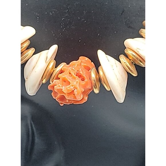Miriam Haskell Puka Shell Raw Coral Necklace Vintage 15" Gold Tone Wheat Chain - Picture 6 of 16
